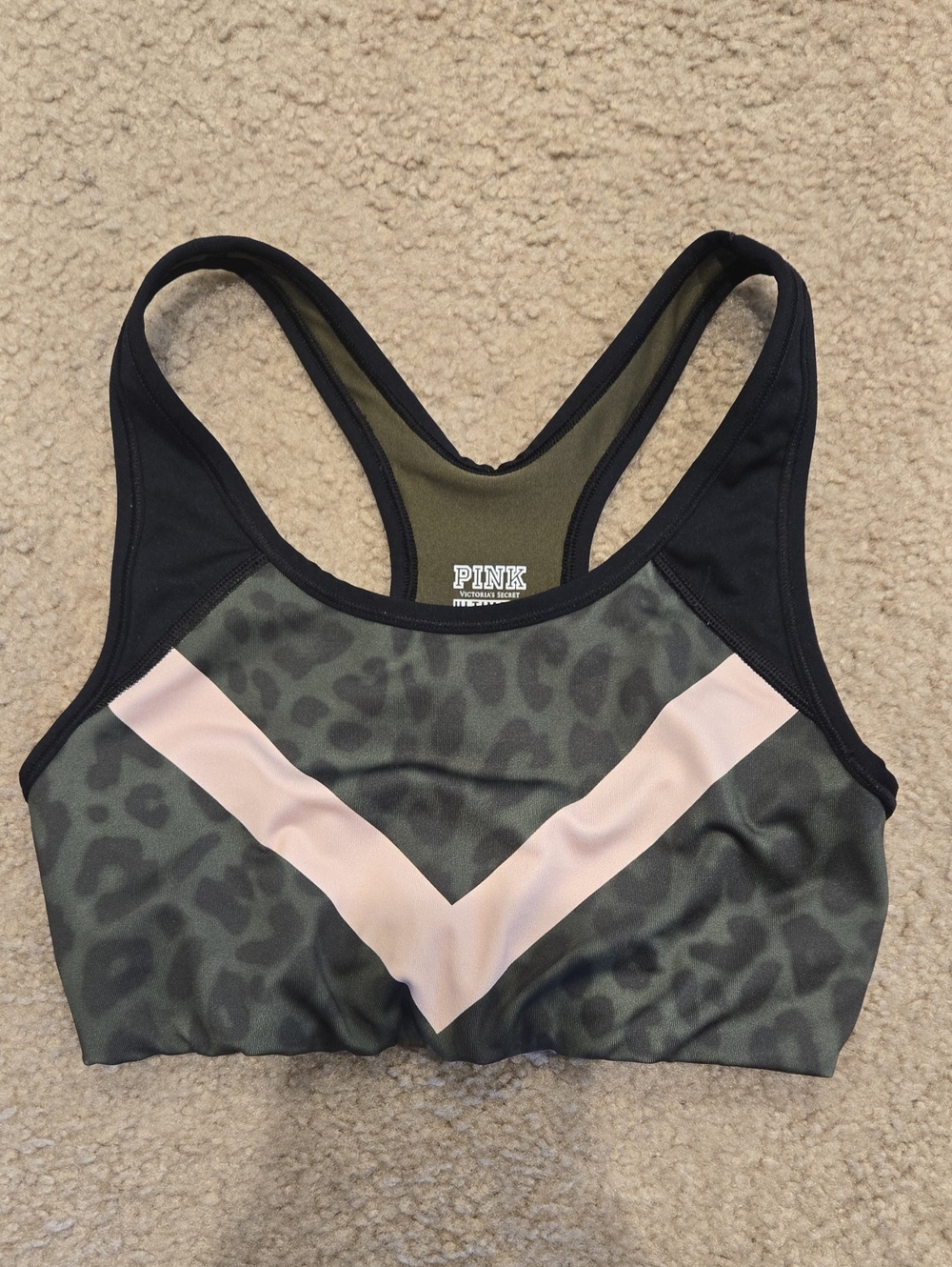 PINK Victoria's Secret Olive Green & Black Leopard Sports Bra with Pink Chevron